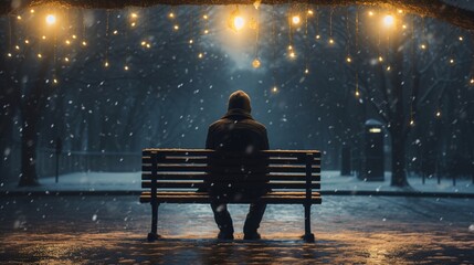 a lonely man on a bench with christmas lights
