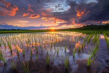 Tranquil Water Reflections in a Rice Field for Earth Day, Emphasizing Peace and Conservation with a Perfect Sunset