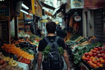 A man selling natural foods is shopping at a market with a backpack. He passes by greengrocers and whole food retailers, admiring the plum tomatoes and fresh produce