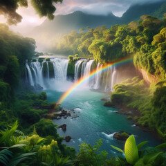 Fototapeta na wymiar A rainbow over a waterfall surrounded by lush vegetation