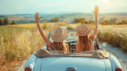 Two women with arms in air, riding in convertible car under the open sky