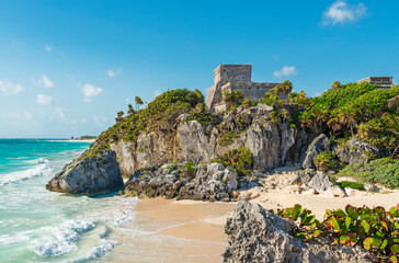 Tulum beach and maya temple ruins by Caribbean Sea, Yucatan, Mexico.