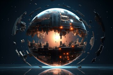 Futuristic Scifi sphere. Gold ship galaxy. Generate Ai