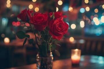 Strauß Rosen auf einem Tisch in einem romantischen Restaurant bei einem Candle Light Dinner, Konzept Beziehung, Liebe und Romantik