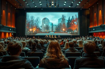 A crowd is enjoying a movie at a performing arts center