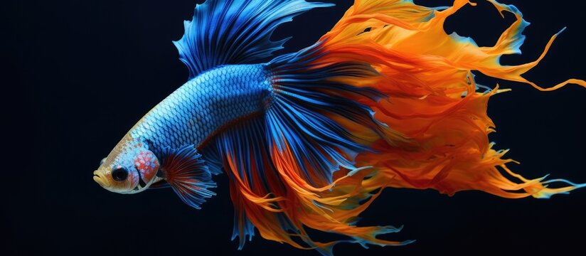An electric blue betta fish with orange fins is gracefully swimming in an aquarium, showcasing the beauty of marine biology and underwater life