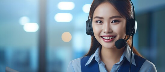 A female Asian call center operator is wearing a headset and smiling at the camera. She is seated at her workspace, likely providing exceptional customer service. The supportive agent appears