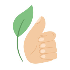Green thumb concept illustration. Thumbs up icon with leaf, vector graphic isolated on white background.