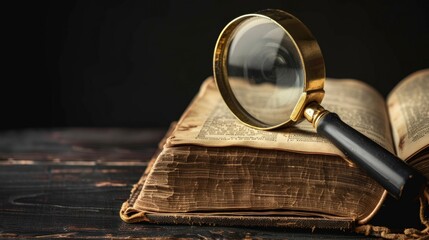 Book and magnifying glass banner with background for text. 