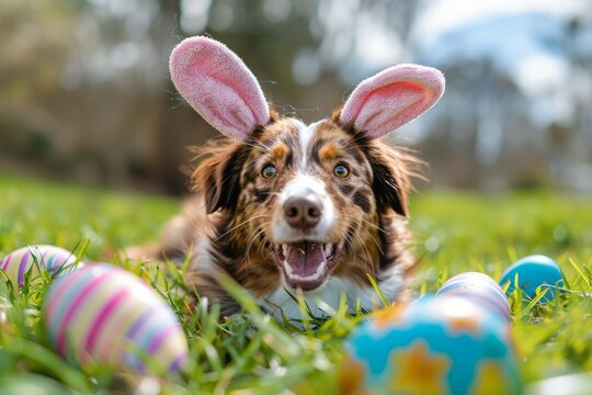 Adorable Australian Shepherd puppy with bunny ears and colorful easter eggs on green grass