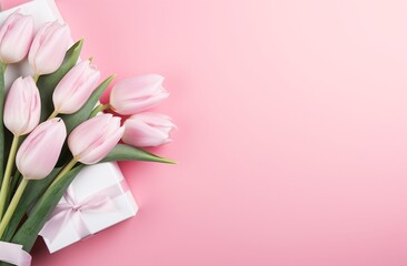 Photo of a pink background with tulips and white gift boxes