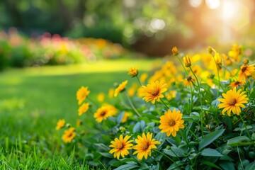 Yellow flowers in the garden with bokeh background, nature background