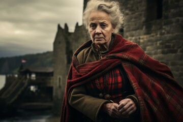 Ancient Scot old woman scottish castle. Adult tourism. Generate Ai