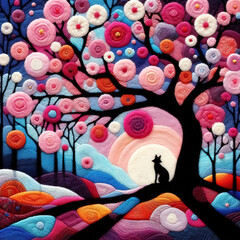 felt art patchwork, landscape of a serene cherry blossom in full bloom