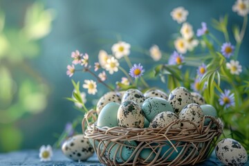 A beautiful arrangement of quail eggs and flowers in a basket on a table, showcasing the beauty of nature with its delicate petals and plant life