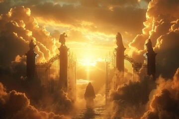 Silhouette of Jesus Christ on heaven gates at sunset