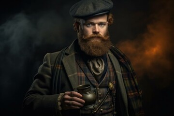 Fototapeta premium Traditional Scottish man from Victorian era. Historical male in vintage attire outdoor portrait. Generate ai
