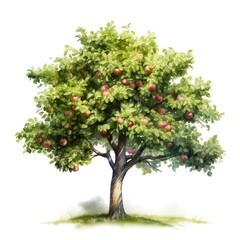 Apple tree. Tree clipart. Watercolor illustration. Generative AI. Detailed illustration.