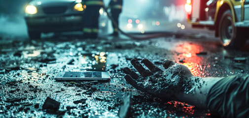 Fototapeta premium Consequences of Smartphone Use in Traffic Accidents. Hand clutching smartphone amidst car crash, firefighters in the distance.