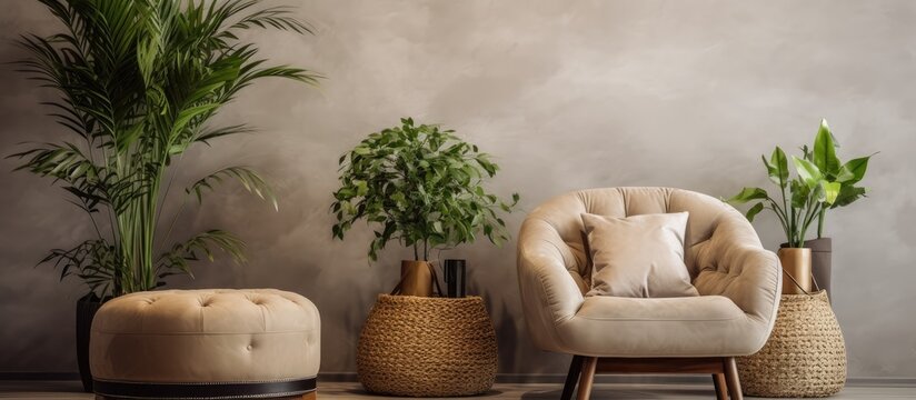 The living room is filled with comfortable beige armchairs, an ottoman, and various houseplants. The furniture and greenery create a cozy and inviting atmosphere in the interior design.