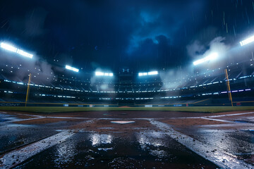 Baseball Stadium Field at Night Lights Dark Sky Rain Storm Puddle Low Angle - obrazy, fototapety, plakaty