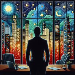 felt art patchwork, Back view of businessman suit standing at office looking at night city through panoramic window