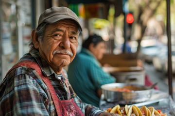 A man with a hat and mustache sits at a table with a plate of food. He looks sad and lonely. photo nat geo quality of a mexican man selling valentines day tacos in mexico city
