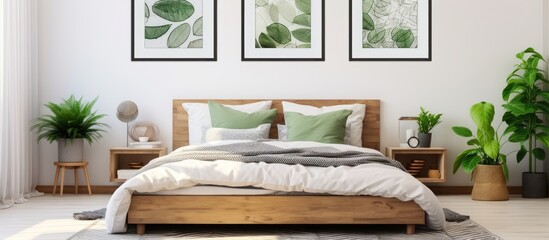 A bedroom featuring a cozy bed with soft bedding, green plants adding a touch of nature, and various pictures hanging on the wall. The room is set up with a mock-up poster frame,