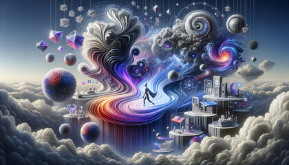 Surreal e-commerce dreamscape with digital shopper and floating abstract products.