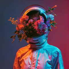An astronaut with a helmet and flowers replacing their face.