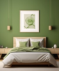 green decoration bedroom with bed and frame
