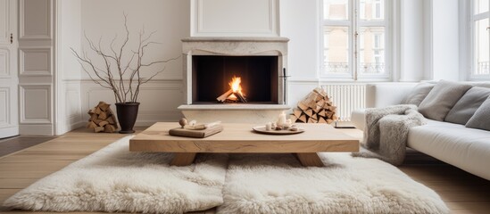 A cozy living room featuring a fireplace with a crackling fire, adding warmth and ambiance to the space. The room is decorated in the interior Scandinavian style,