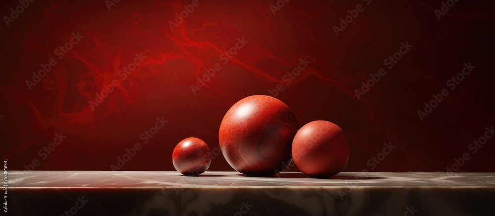 Poster A collection of bright red apples is neatly arranged on top of a wooden table. The apples are shiny and fresh, creating a visually striking display.