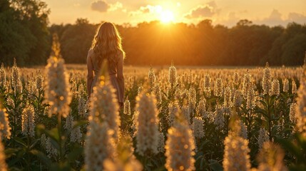 A field of wild orchids bathed in the golden light of sunset