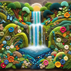Fototapeta premium felt art patchwork, waterfall surrounded by lush vegetation