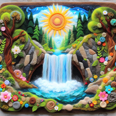 felt art patchwork, waterfall surrounded by lush vegetation