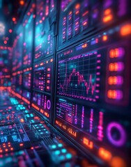 Krypto-Handelsterminals, Computer und Bildschirme mit Charts und Zahlen, Konzept Trading mit Kryptowährungen