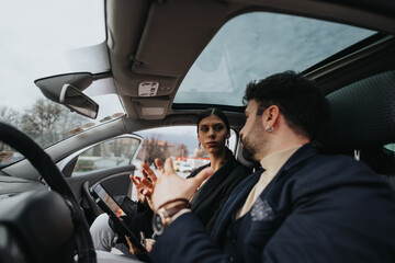 Two professionals engaged in a discussion while traveling in a vehicle, depicting everyday business...