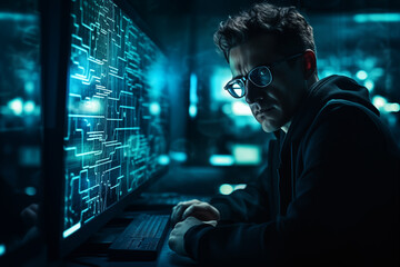 Programmierer vor einem Computerbildschirm mit Reflextionen in der Brille, Konzept zur Datensicherheit und Softwareentwicklung - obrazy, fototapety, plakaty