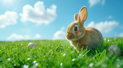 Fototapeta premium Rabbit is standing in field of grass with few eggs scattered around it