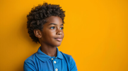 young boy with curly hair and a blue shirt is looking at the camera. He is focused and serious. side view angle happy 13 year old Brazilian black boy wearing blue polo collar shirt, yellow background