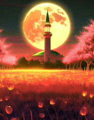 RAMADAN KAREEM 2024 1445 H, happy ramadan, mosque with supermoon and nightsky, flower field