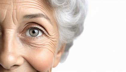 portrait, macro photography of eyes, look of elderly woman with gray hair looking at camera on blurred white background - obrazy, fototapety, plakaty