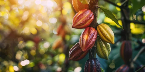 Fotobehang Cocoa Pods on Tree, copy space. Close-up of ripe cocoa pods among the green leaves, ready for harvest. © dinastya