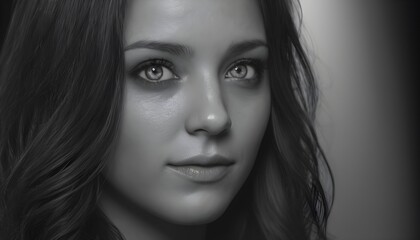 Close-up black and white portrait of a woman with dark hair, sensual lips, deep grey eyes looking at viewer