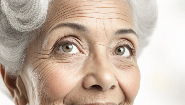 portrait, macro photography of eyes, look of elderly woman with gray hair looking at camera on blurred white background