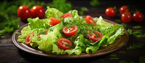 A refreshing salad made of leafy lettuce, ripe plum tomatoes, and assorted vegetables served on a...
