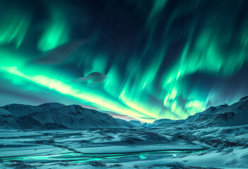 Naklejka premium Aurora borealis above snowy mountain and frozen river with bright stars on the sky