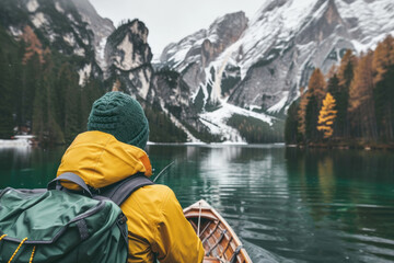 Man in yellow jacket is sitting in boat on lake