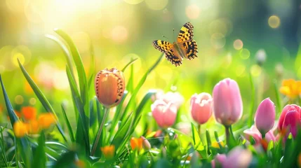 Foto op Canvas Tulip flowers blooming in a meadow and a flying butterfly. The coming of spring. Spring sunny day. © Tatiana Munko